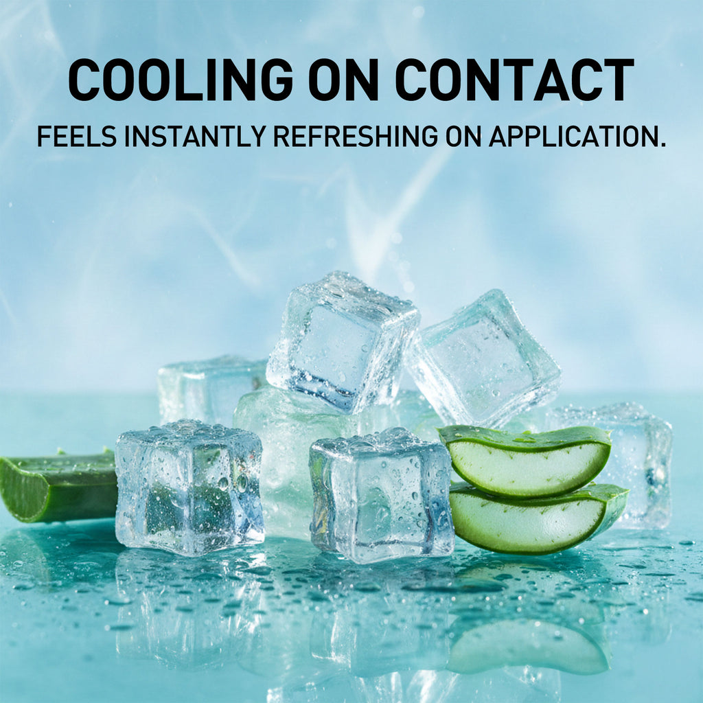 Ice cubes with aloe vera slices on a blue background with text 'Cooling on contact feels instantly refreshing on application'.