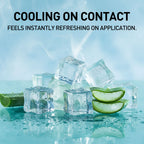 Ice cubes with aloe vera slices on a blue background with text 'Cooling on contact feels instantly refreshing on application'.