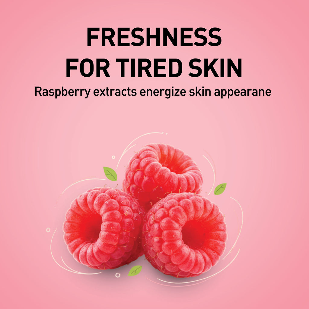 Raspberries on a pink background with text about freshness for tired skin and raspberry extracts.