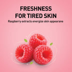 Raspberries on a pink background with text about freshness for tired skin and raspberry extracts.