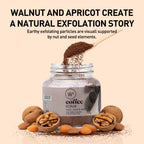 Jar of coffee scrub with walnut and apricot elements on a beige background