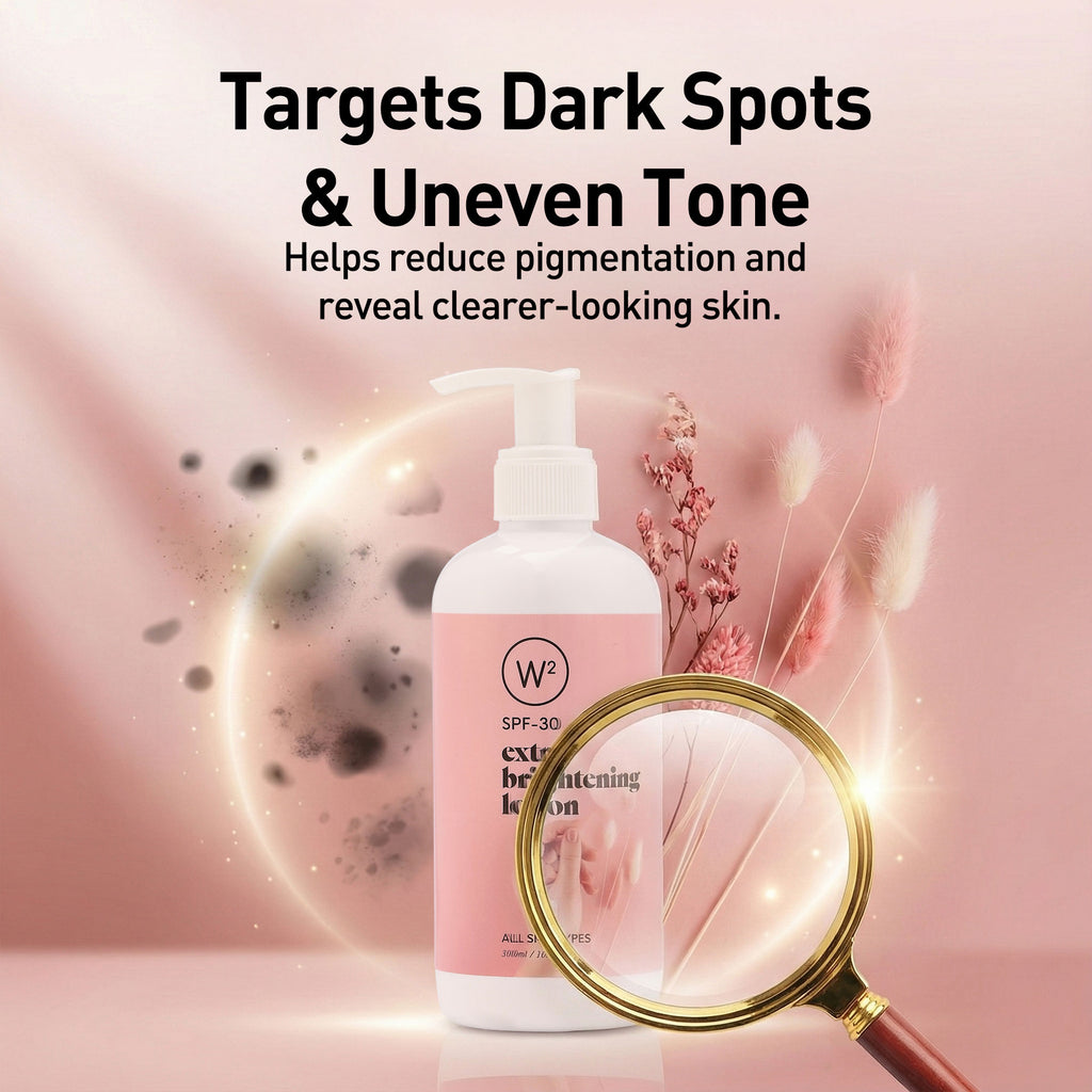 Pink skincare bottle with text on a pink background