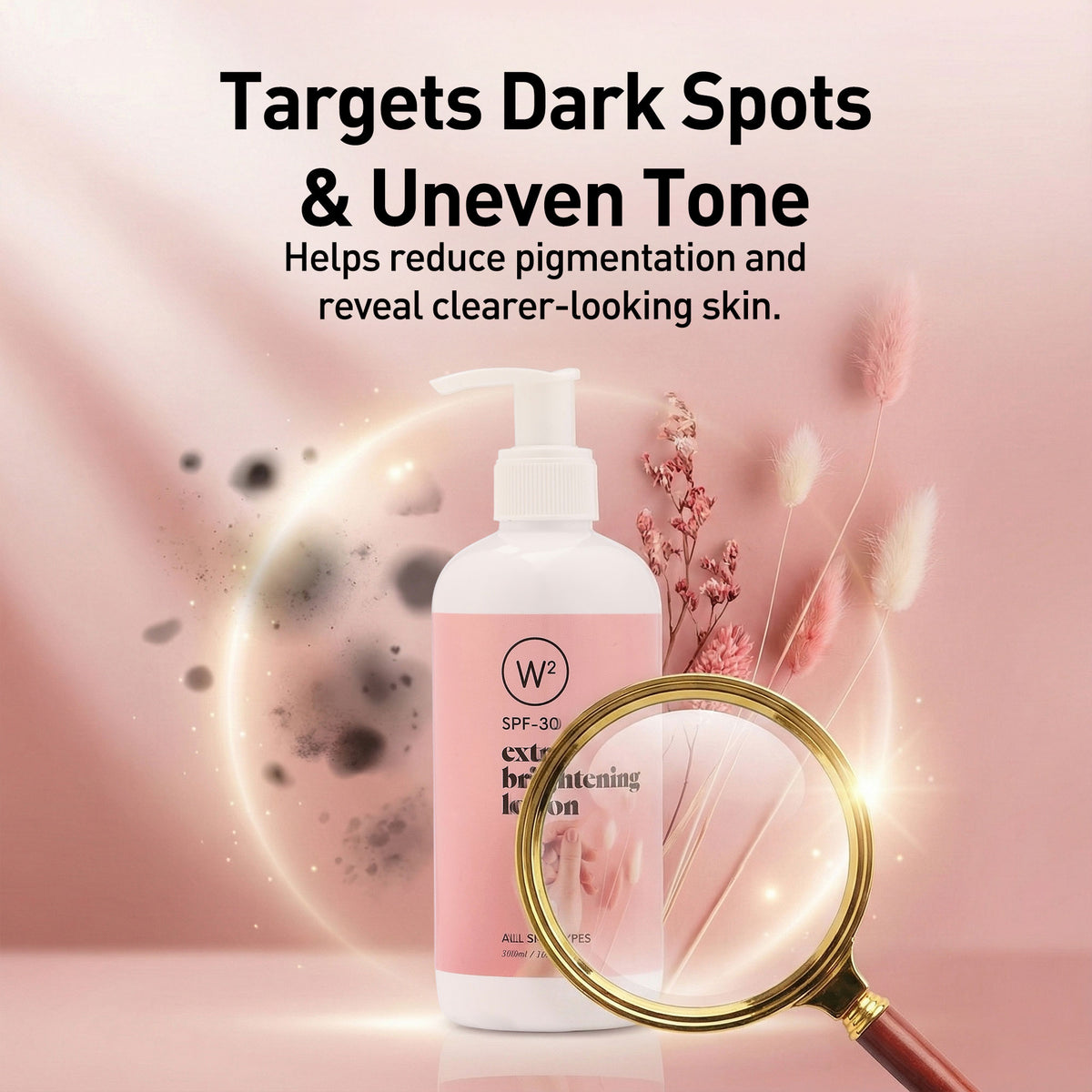 Pink skincare bottle with text on a pink background