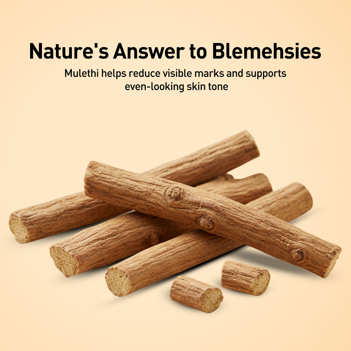 Wooden sticks with text about Mulethi for blemishes on a beige background
