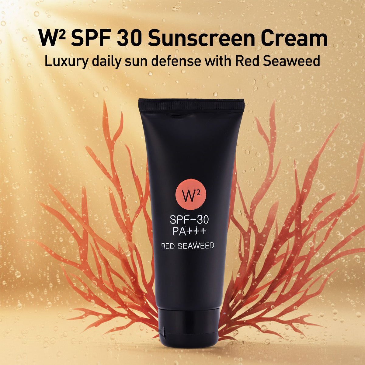 W2 SPF 30 Sunscreen Cream tube with red seaweed on a beige background