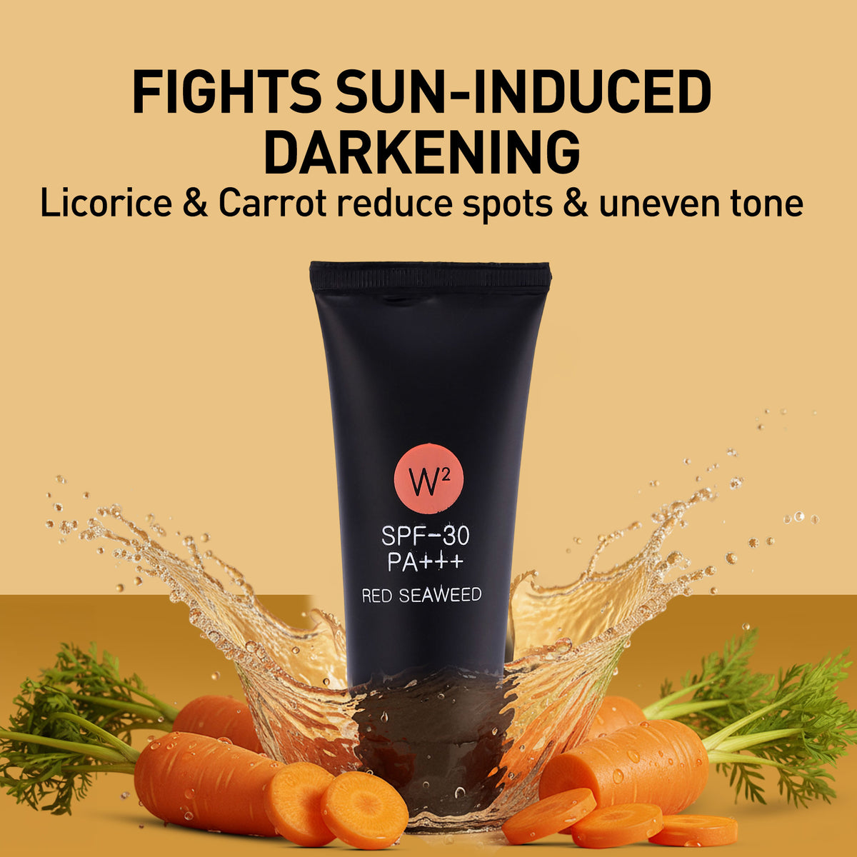 Skincare product with carrots and licorice on a beige background