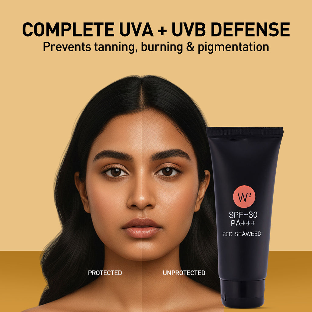 Woman's face with unprotected and protected skin, W2 SPF-30 PA+++ Red Seaweed sunscreen tube on beige background