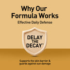 Promotional graphic for a skincare product with a shield logo and text about effective daily defense and skin barrier support.