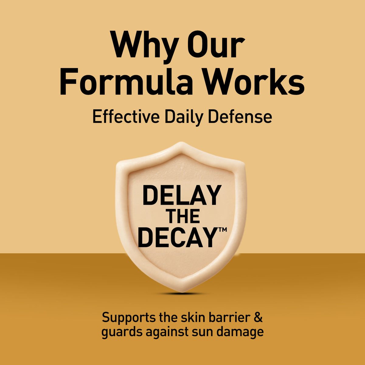 Promotional graphic for a skincare product with a shield logo and text about effective daily defense and skin barrier support.