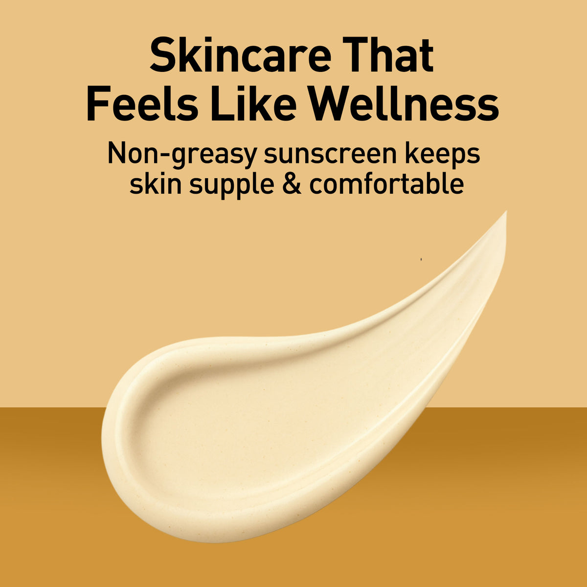 Beige background with a smear of cream and text about non-greasy sunscreen.