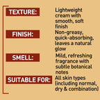 Product description card with texture, finish, smell, and suitability for skin types on a beige background.