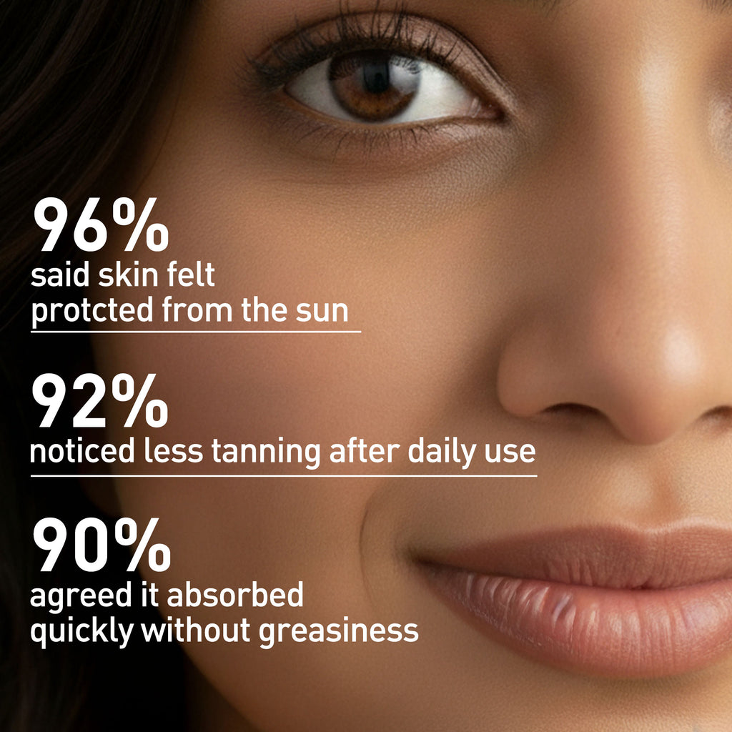 Close-up of a woman's face with text about sun protection and skin benefits.