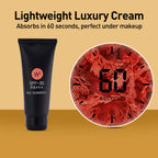 Black cream tube with SPF-30 PA+++ label on a beige background, featuring a close-up of red seaweed with '60 seconds' text.