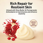 Cosmetic product with pomegranate and shea butter, labeled 'Rich Repair for Resilient Skin'.