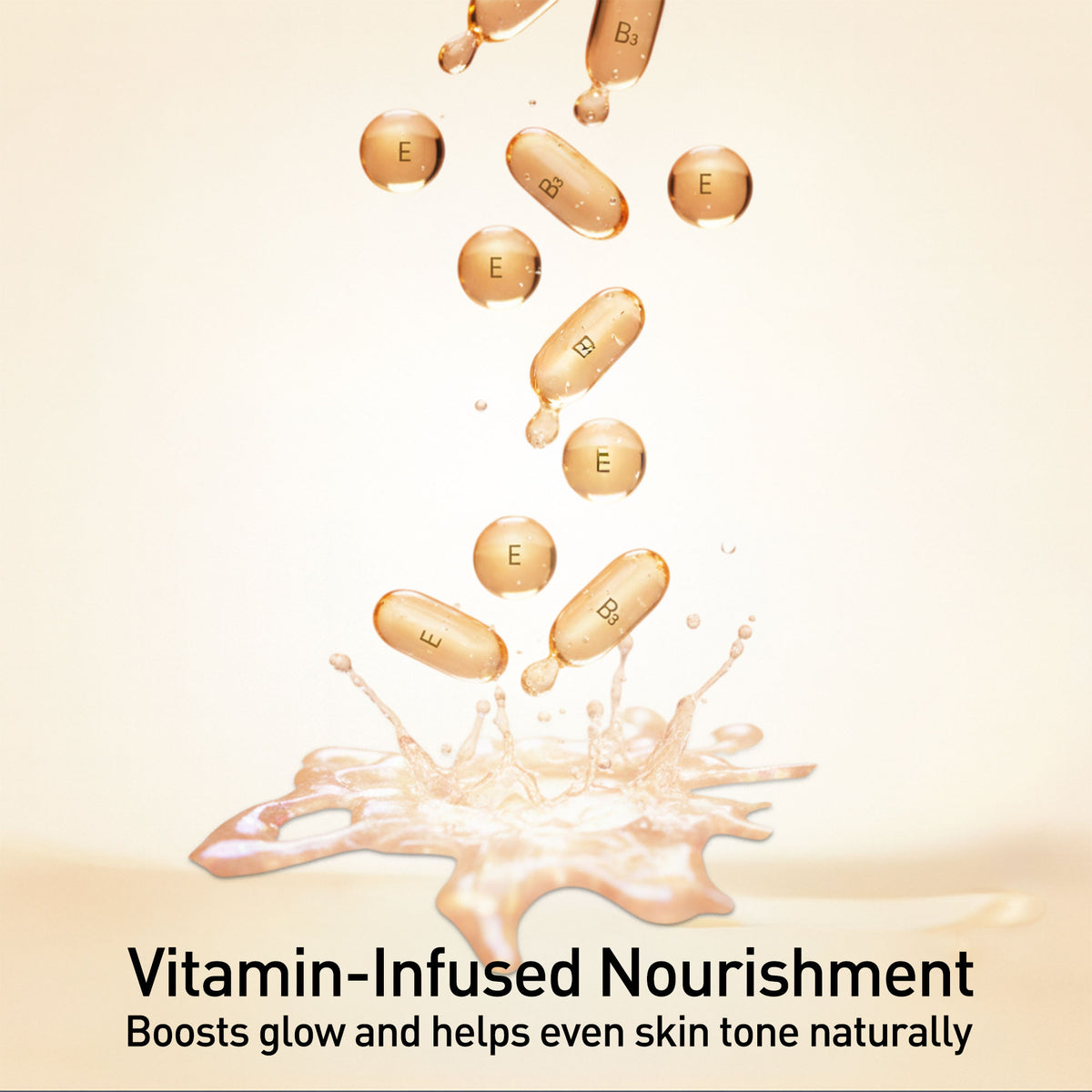 Vitamin capsules with a splash of liquid on a beige background, promoting vitamin-infused nourishment.
