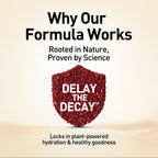 Promotional graphic for 'Delay the Decay' with text about a natural formula rooted in science.