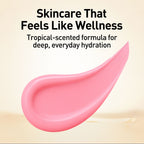Pink skincare product with text about tropical-scented hydration on a beige background