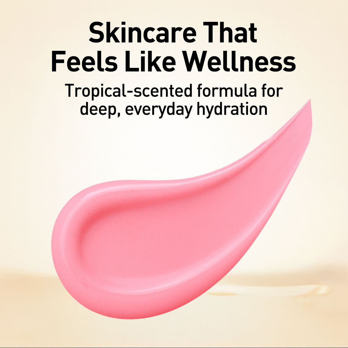 Pink skincare product with text about tropical-scented hydration on a beige background