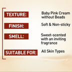 Product description card with texture, finish, smell, and suitability details on a beige background.