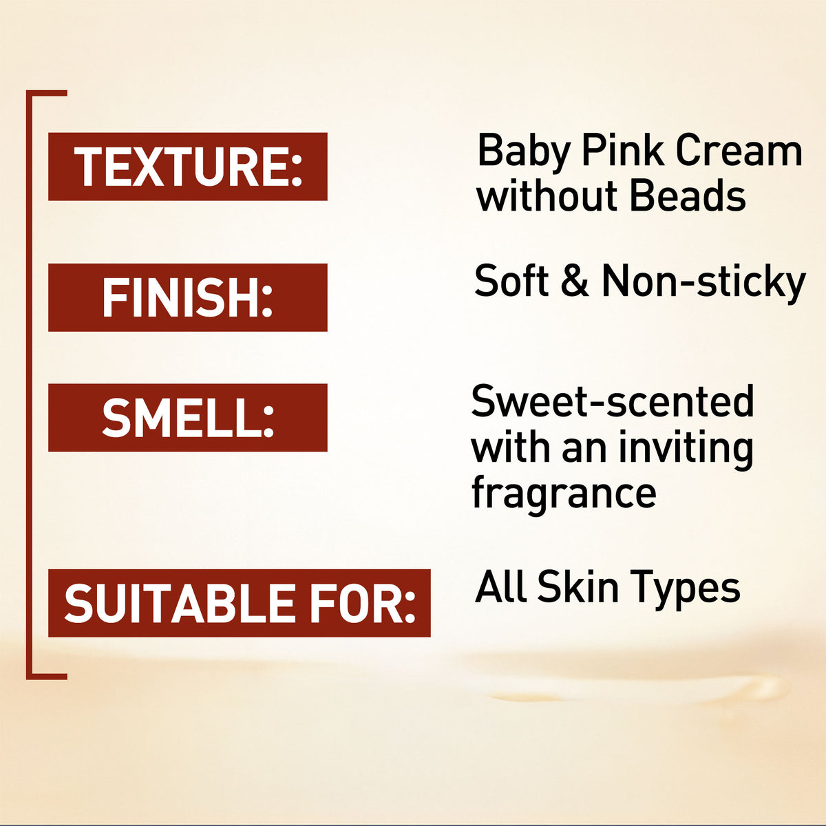 Product description card with texture, finish, smell, and suitability details on a beige background.