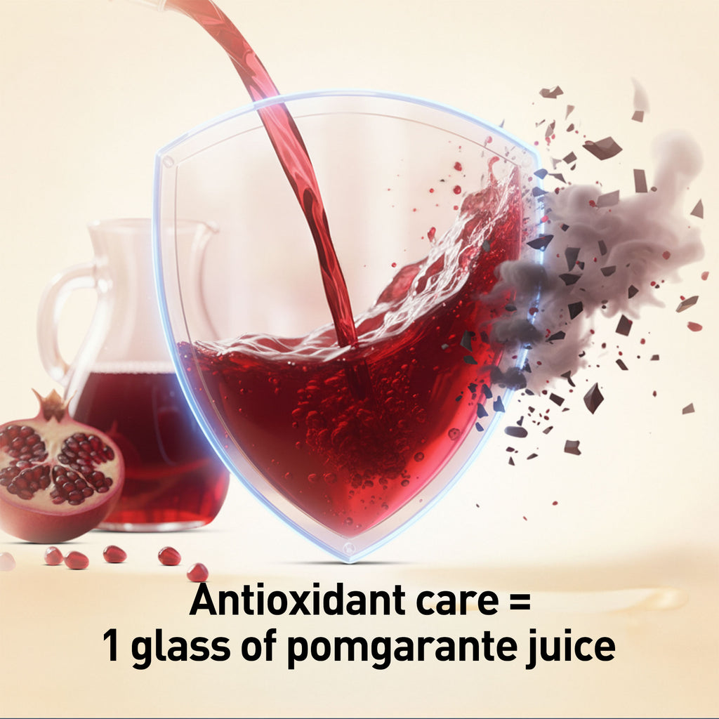 Pomegranate juice being poured into a glass with pomegranate seeds and a pitcher in the background.