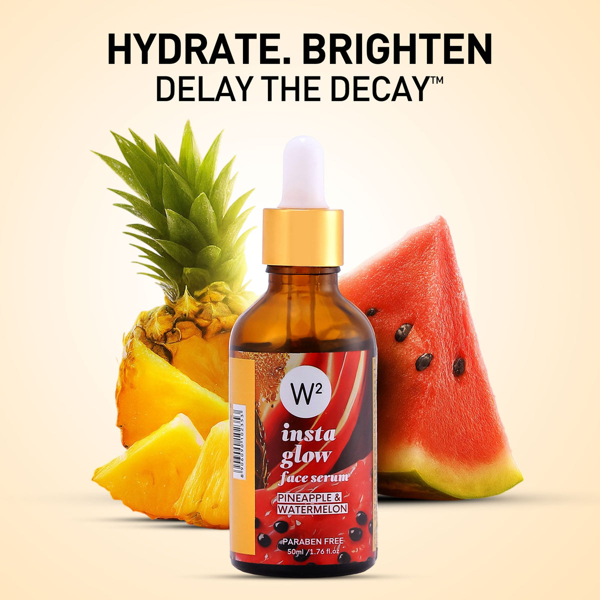 Bottle of W2 insta glow face serum with pineapple and watermelon on a beige background