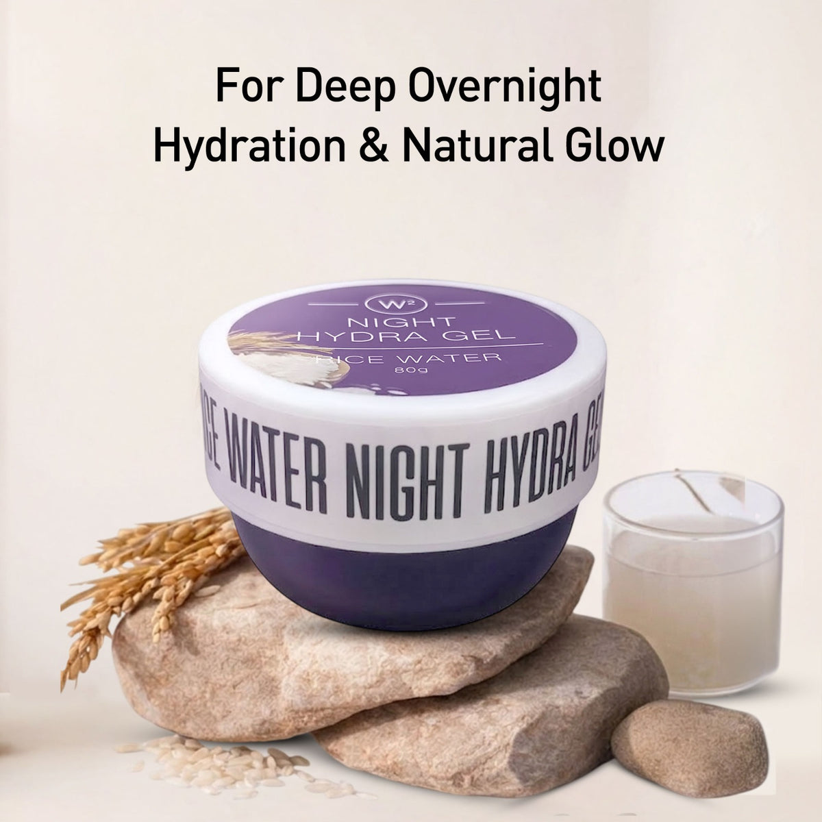 Night Hydra Gel jar with text 'For Deep Overnight Hydration & Natural Glow' on a neutral background.