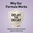 Shield-shaped product with text 'DELAY THE DECAY' on a light purple background