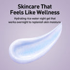 Hydrating rice water night gel with a droplet on a light purple background and text about its benefits.