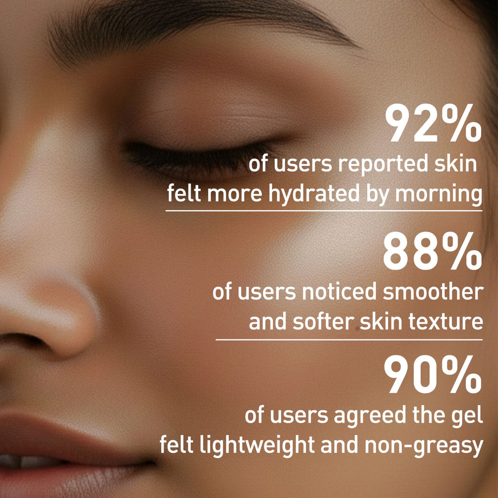 Close-up of a person's face with text highlighting skincare product benefits