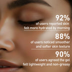 Close-up of a person's face with text highlighting skincare product benefits
