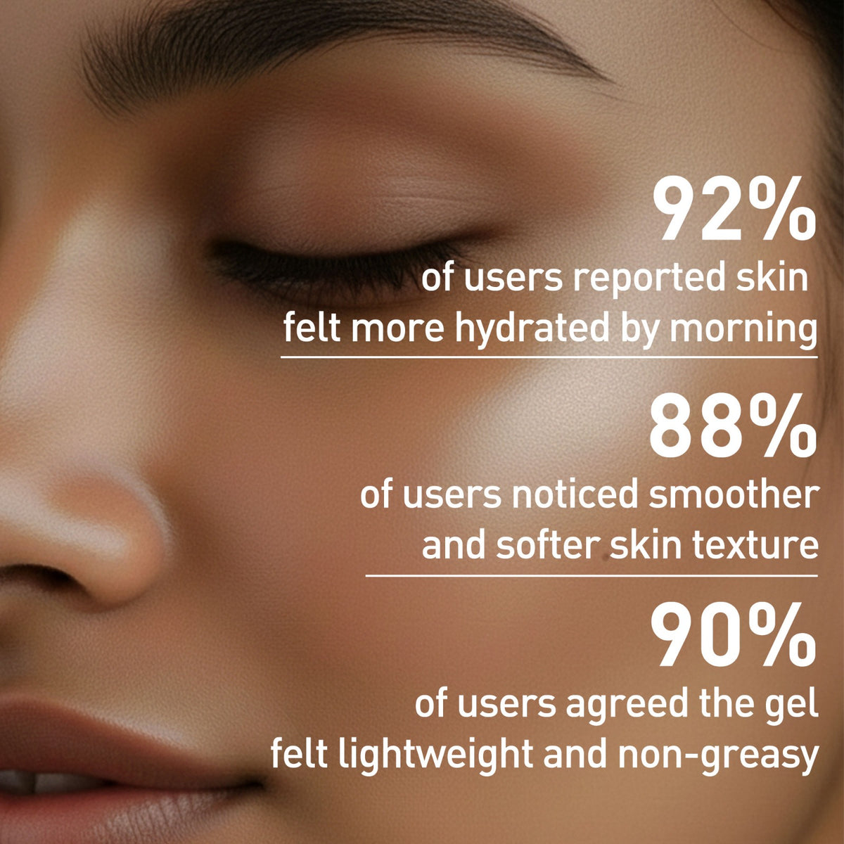 Close-up of a person's face with text highlighting skincare product benefits
