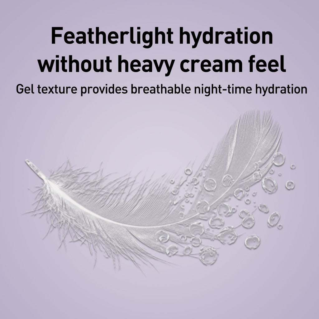 Feather and gel texture on a purple background with text about featherlight hydration.