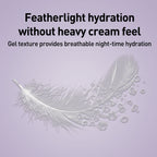 Feather and gel texture on a purple background with text about featherlight hydration.