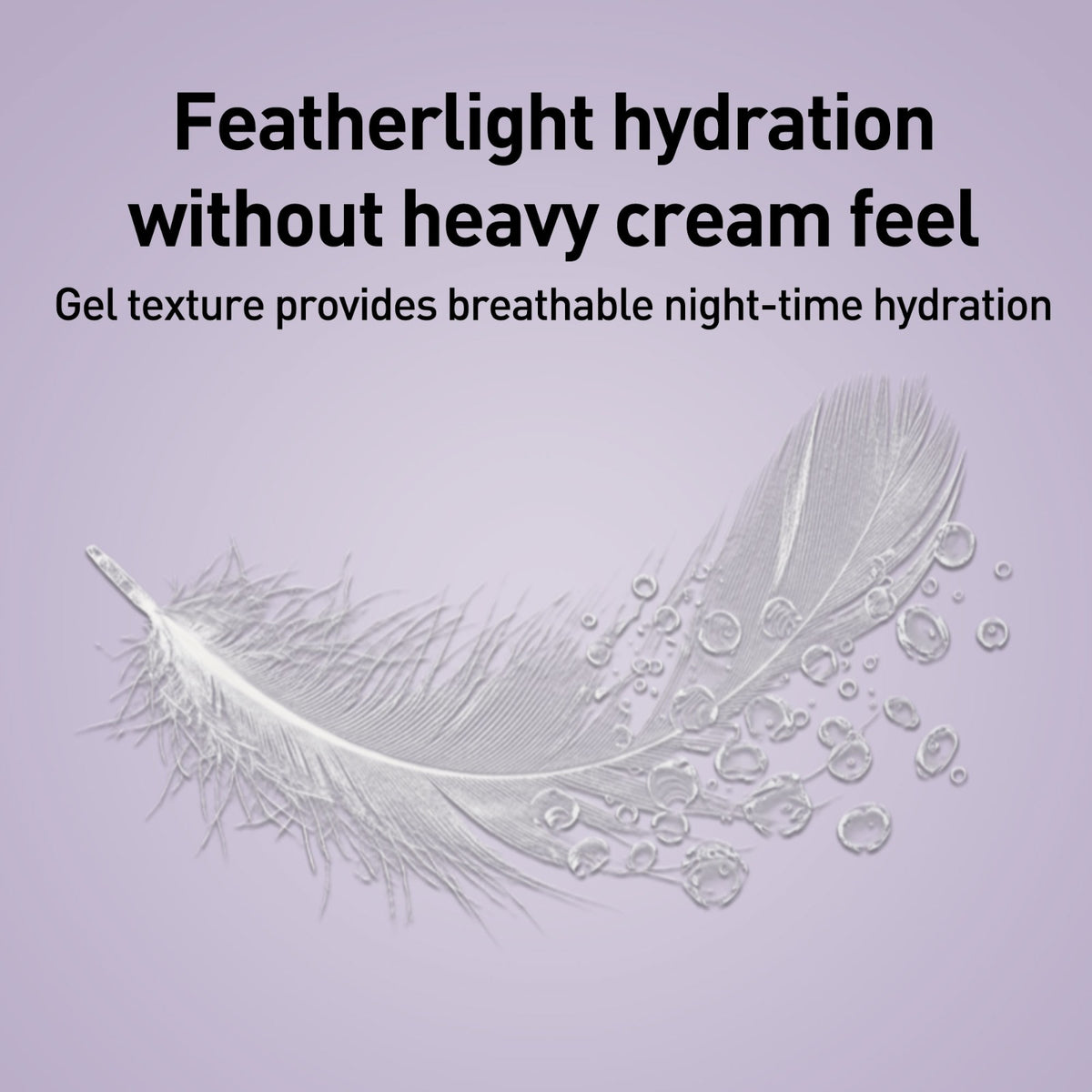 Feather and gel texture on a purple background with text about featherlight hydration.