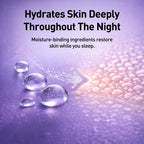 Promotional graphic for skincare product with moisture-binding ingredients on a purple background