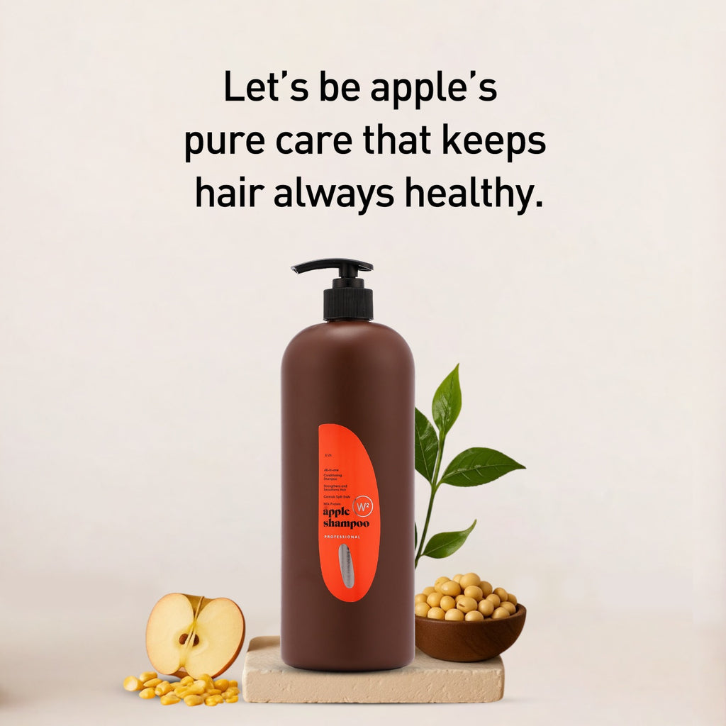 Brown shampoo bottle with red label on a light background, featuring text about hair health.