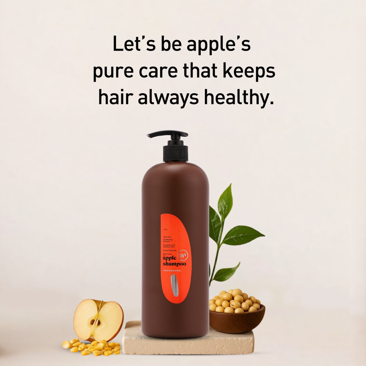 Brown shampoo bottle with red label on a light background, featuring text about hair health.