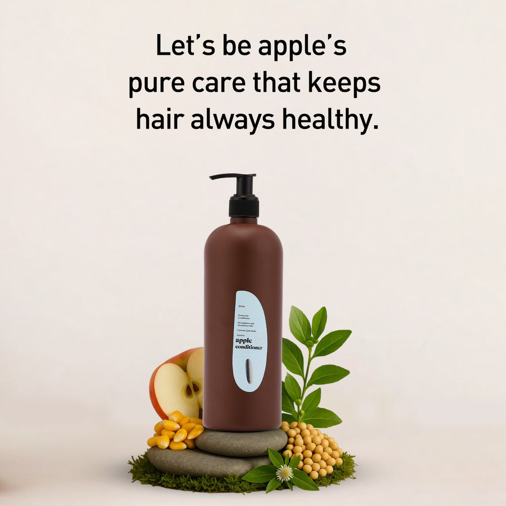 Brown bottle with a label, apple, leaves, and nuts on a light background