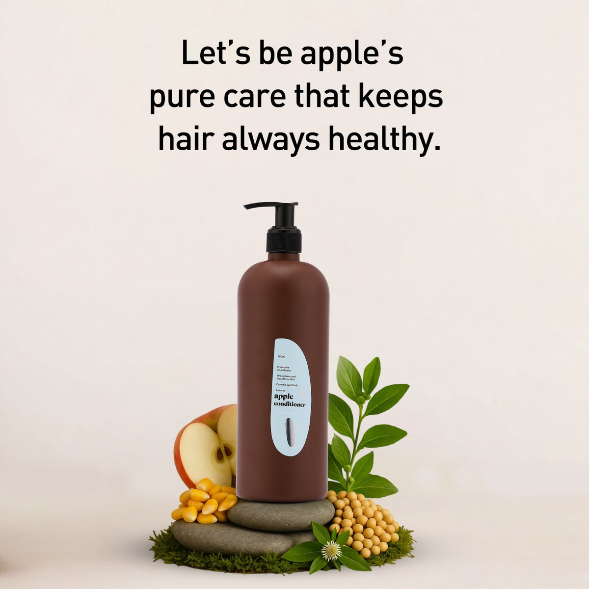 Brown bottle with a label, apple, leaves, and nuts on a light background