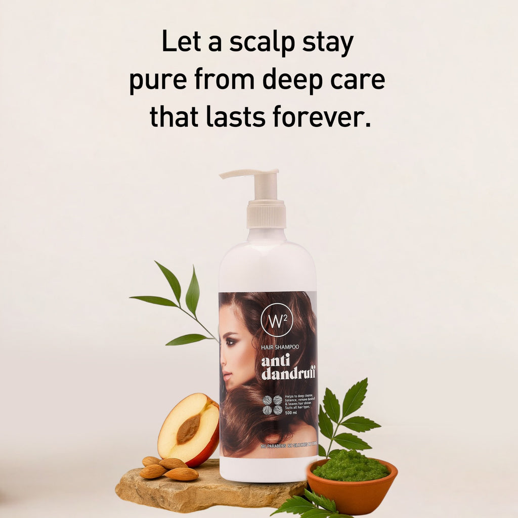 Bottle of W2 hair care product with text 'Let a scalp stay pure from deep care that lasts forever.' on a light background.