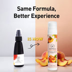 Two skincare products with peaches on a gradient background, featuring text 'Same Formula, Better Experience'.