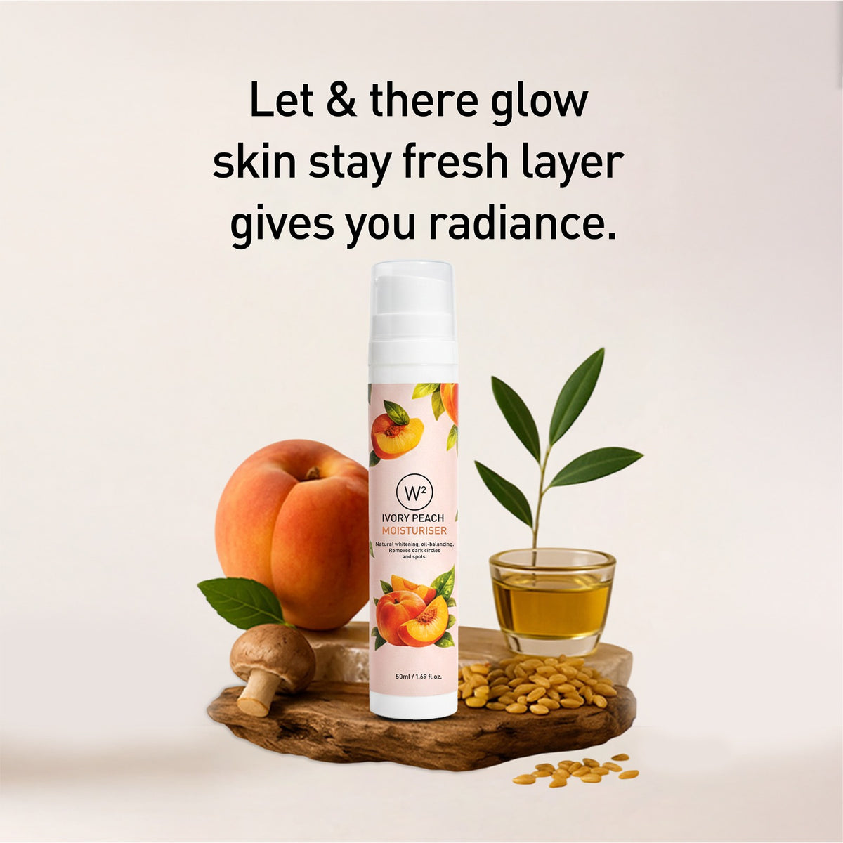 Skincare product with peach and natural elements on a wooden tray, text about skin radiance.