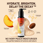 W2 Ivory Peach Moisturizer with peach extract and text on a beige background